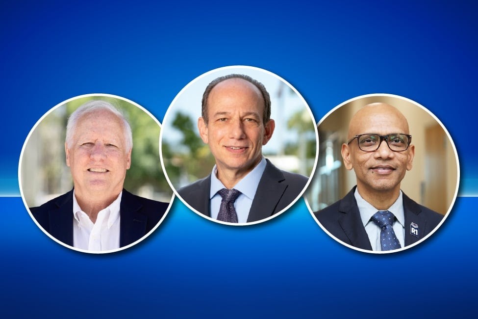 three headshots of men in suits in circle with blue background