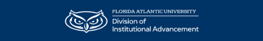navy background with white owl heads reading "Florida Atlantic university division of institutional advancement"