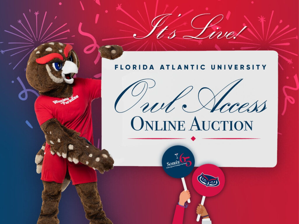 mascot owl holds up flyer reading, "Florida Atlantic university owl access online auction"