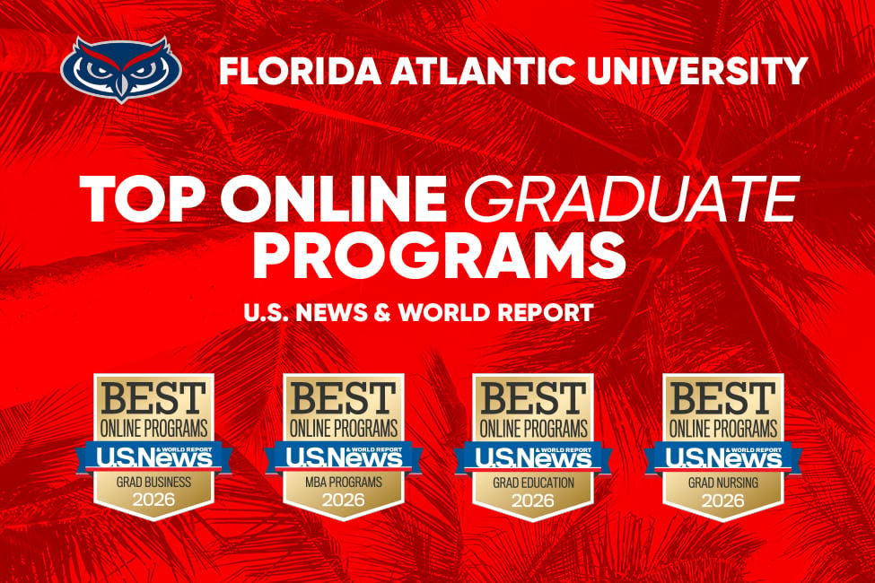 Flyer with red palm trees in background advertising "top online graduate programs"