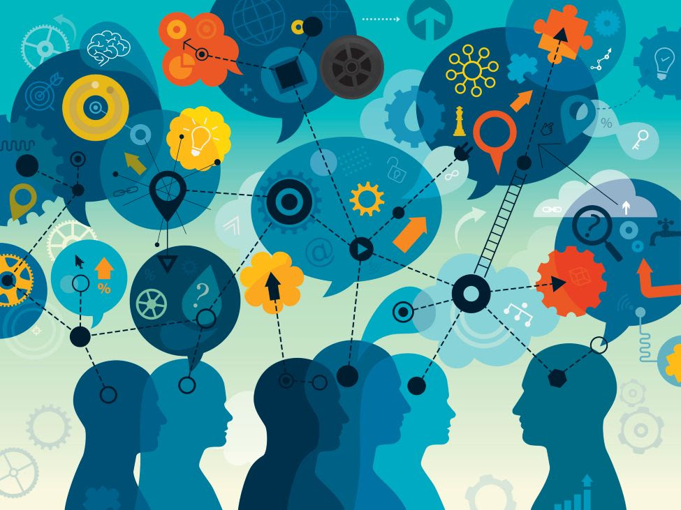 cartoon drawing of men and women profiles in blue with thought bubbles and gears connecting them all