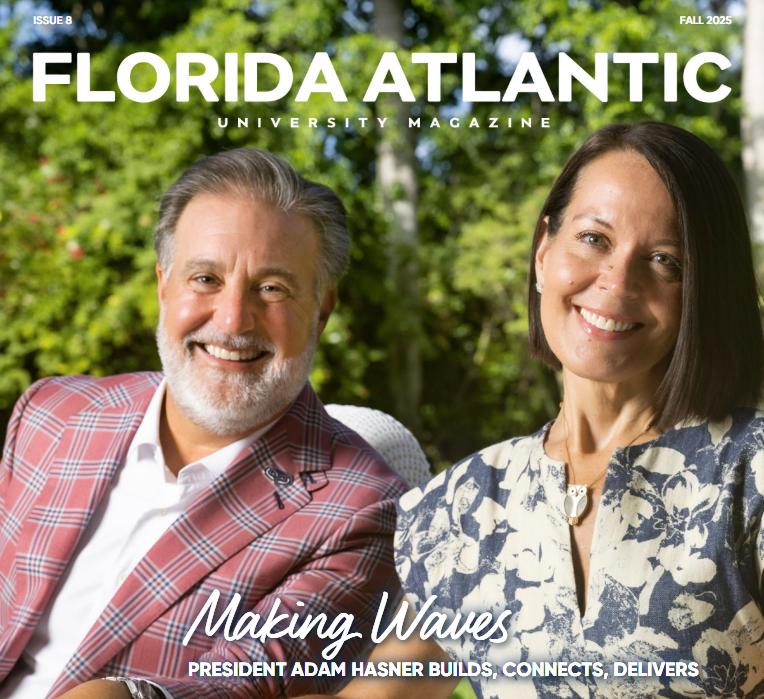 man and woman pose for cover of magazine reading "Florida Atlantic University Magazine"