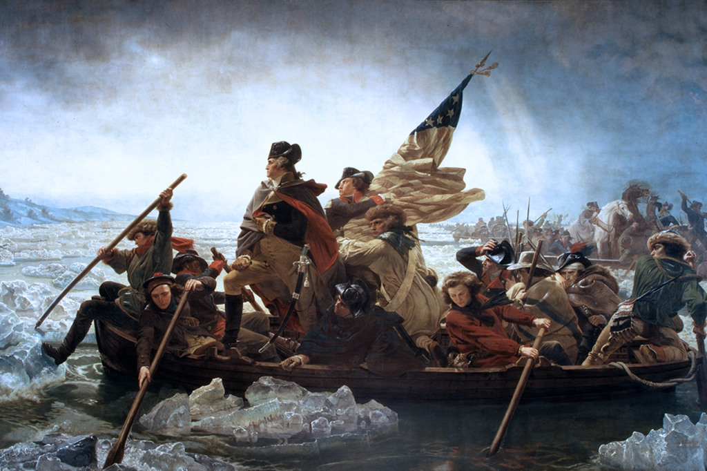 painting of George Washington in a small boat with others rowing the boat and holding a flag