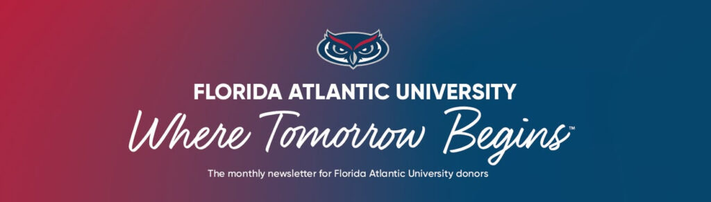 banner with red and navy blue colors reading "florida atlantic university where tomorrow begins"