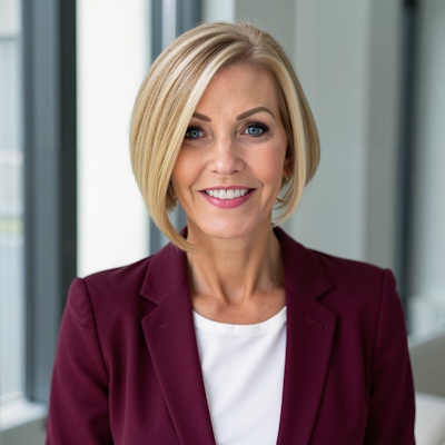 headshot of woman with blonde hair and maroon suit jacket with white shirt